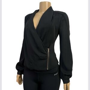 NWT Bebe Multi-trim Wrap Blouse long sleeve Black Small